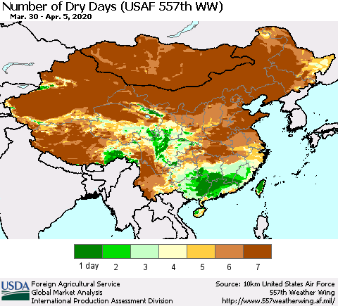 China and Taiwan Number of Dry Days (USAF 557th WW) Thematic Map For 3/30/2020 - 4/5/2020