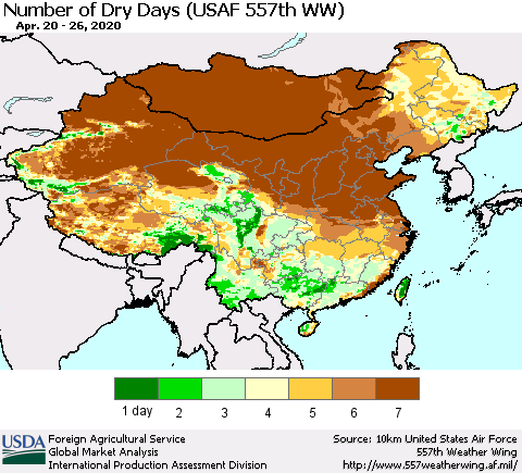 China and Taiwan Number of Dry Days (USAF 557th WW) Thematic Map For 4/20/2020 - 4/26/2020
