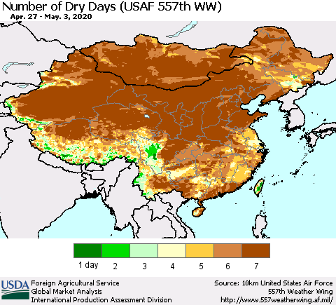 China and Taiwan Number of Dry Days (USAF 557th WW) Thematic Map For 4/27/2020 - 5/3/2020