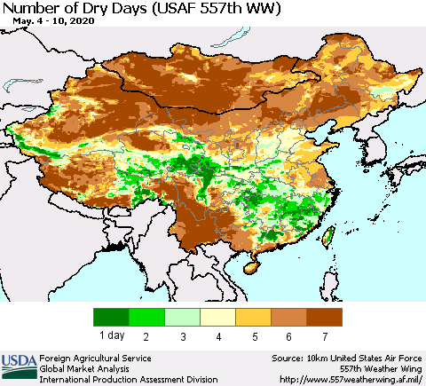 China and Taiwan Number of Dry Days (USAF 557th WW) Thematic Map For 5/4/2020 - 5/10/2020