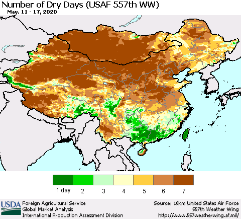 China and Taiwan Number of Dry Days (USAF 557th WW) Thematic Map For 5/11/2020 - 5/17/2020