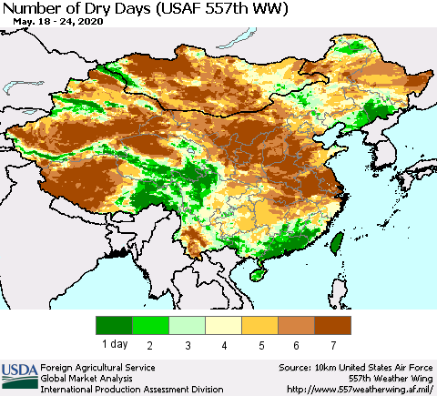 China and Taiwan Number of Dry Days (USAF 557th WW) Thematic Map For 5/18/2020 - 5/24/2020