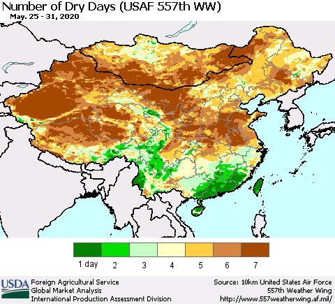 China and Taiwan Number of Dry Days (USAF 557th WW) Thematic Map For 5/25/2020 - 5/31/2020