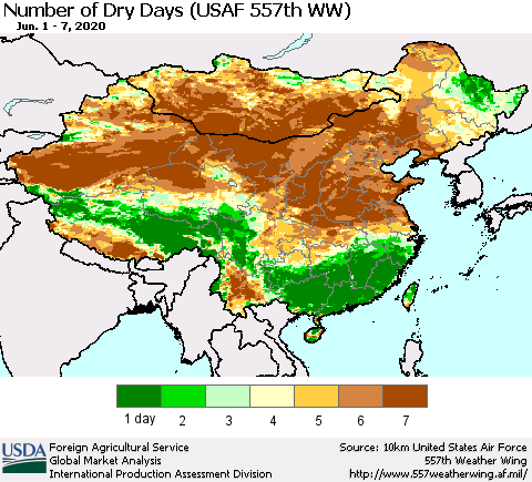 China and Taiwan Number of Dry Days (USAF 557th WW) Thematic Map For 6/1/2020 - 6/7/2020