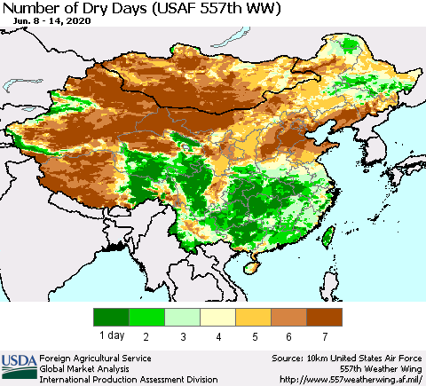 China and Taiwan Number of Dry Days (USAF 557th WW) Thematic Map For 6/8/2020 - 6/14/2020