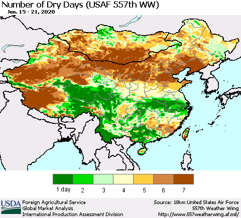 China and Taiwan Number of Dry Days (USAF 557th WW) Thematic Map For 6/15/2020 - 6/21/2020