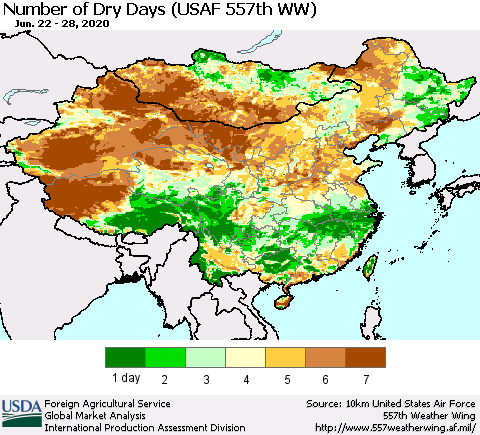 China and Taiwan Number of Dry Days (USAF 557th WW) Thematic Map For 6/22/2020 - 6/28/2020