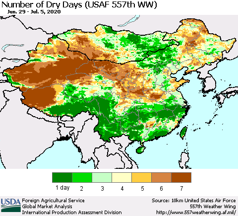 China and Taiwan Number of Dry Days (USAF 557th WW) Thematic Map For 6/29/2020 - 7/5/2020