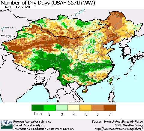 China and Taiwan Number of Dry Days (USAF 557th WW) Thematic Map For 7/6/2020 - 7/12/2020