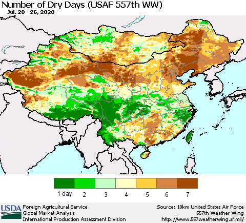China and Taiwan Number of Dry Days (USAF 557th WW) Thematic Map For 7/20/2020 - 7/26/2020