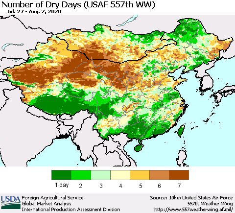 China and Taiwan Number of Dry Days (USAF 557th WW) Thematic Map For 7/27/2020 - 8/2/2020