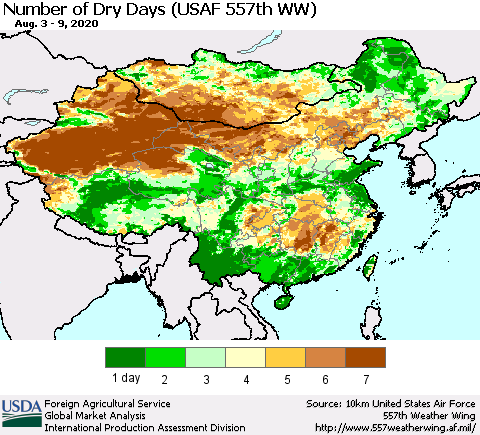 China and Taiwan Number of Dry Days (USAF 557th WW) Thematic Map For 8/3/2020 - 8/9/2020