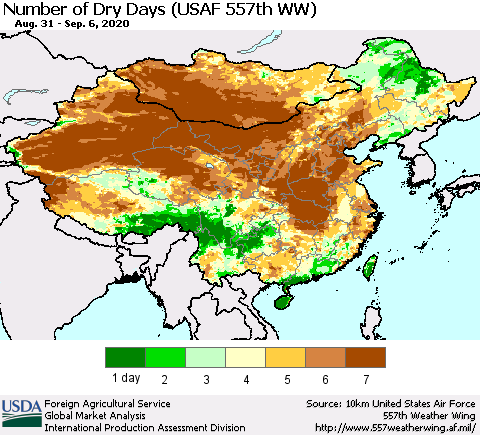 China and Taiwan Number of Dry Days (USAF 557th WW) Thematic Map For 8/31/2020 - 9/6/2020