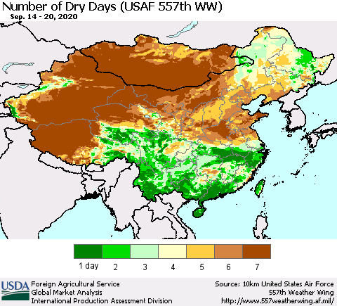 China and Taiwan Number of Dry Days (USAF 557th WW) Thematic Map For 9/14/2020 - 9/20/2020