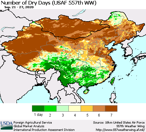 China and Taiwan Number of Dry Days (USAF 557th WW) Thematic Map For 9/21/2020 - 9/27/2020