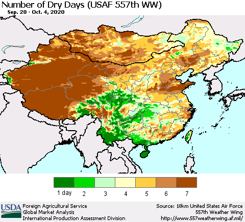 China and Taiwan Number of Dry Days (USAF 557th WW) Thematic Map For 9/28/2020 - 10/4/2020