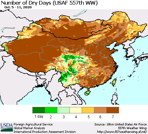 China and Taiwan Number of Dry Days (USAF 557th WW) Thematic Map For 10/5/2020 - 10/11/2020