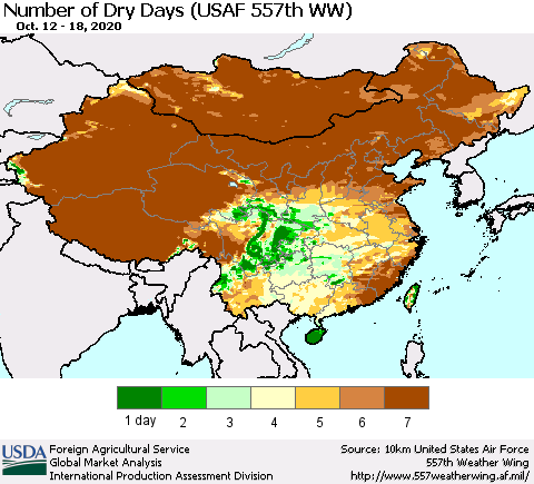 China and Taiwan Number of Dry Days (USAF 557th WW) Thematic Map For 10/12/2020 - 10/18/2020