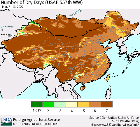 China and Taiwan Number of Dry Days (USAF 557th WW) Thematic Map For 3/7/2022 - 3/13/2022