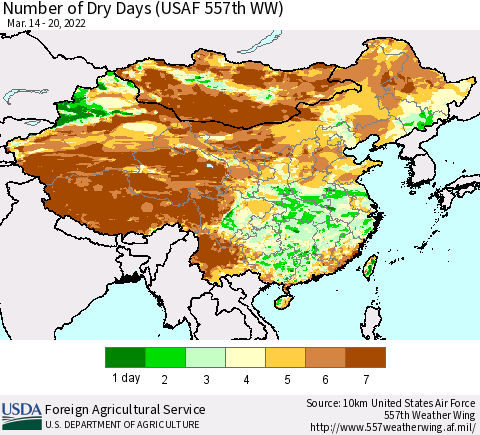China and Taiwan Number of Dry Days (USAF 557th WW) Thematic Map For 3/14/2022 - 3/20/2022