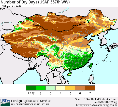 China and Taiwan Number of Dry Days (USAF 557th WW) Thematic Map For 3/21/2022 - 3/27/2022
