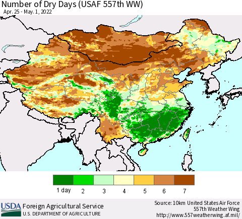 China and Taiwan Number of Dry Days (USAF 557th WW) Thematic Map For 4/25/2022 - 5/1/2022