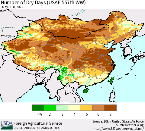 China and Taiwan Number of Dry Days (USAF 557th WW) Thematic Map For 5/2/2022 - 5/8/2022