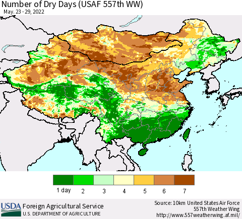 China and Taiwan Number of Dry Days (USAF 557th WW) Thematic Map For 5/23/2022 - 5/29/2022