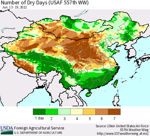 China and Taiwan Number of Dry Days (USAF 557th WW) Thematic Map For 6/13/2022 - 6/19/2022
