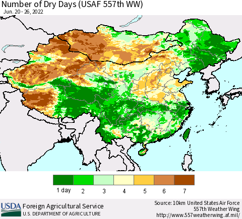 China and Taiwan Number of Dry Days (USAF 557th WW) Thematic Map For 6/20/2022 - 6/26/2022