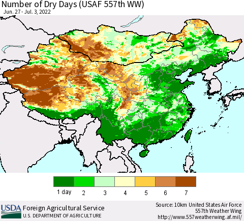 China and Taiwan Number of Dry Days (USAF 557th WW) Thematic Map For 6/27/2022 - 7/3/2022