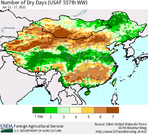 China and Taiwan Number of Dry Days (USAF 557th WW) Thematic Map For 7/11/2022 - 7/17/2022