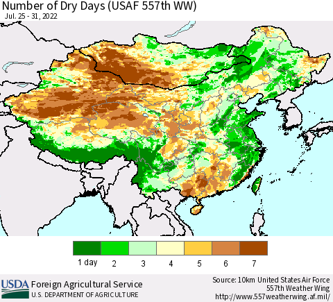 China and Taiwan Number of Dry Days (USAF 557th WW) Thematic Map For 7/25/2022 - 7/31/2022