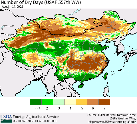 China and Taiwan Number of Dry Days (USAF 557th WW) Thematic Map For 8/8/2022 - 8/14/2022