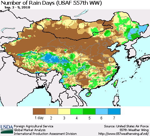 China and Taiwan Number of Rain Days (USAF 557th WW) Thematic Map For 9/3/2018 - 9/9/2018