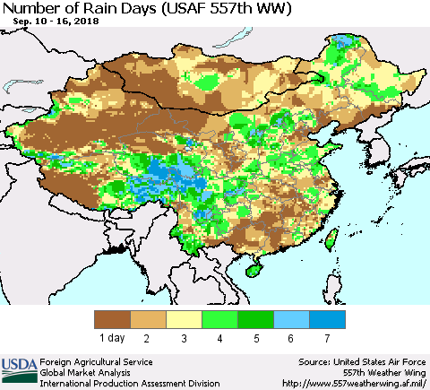 China and Taiwan Number of Rain Days (USAF 557th WW) Thematic Map For 9/10/2018 - 9/16/2018