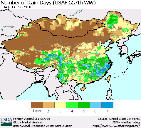 China and Taiwan Number of Rain Days (USAF 557th WW) Thematic Map For 9/17/2018 - 9/23/2018