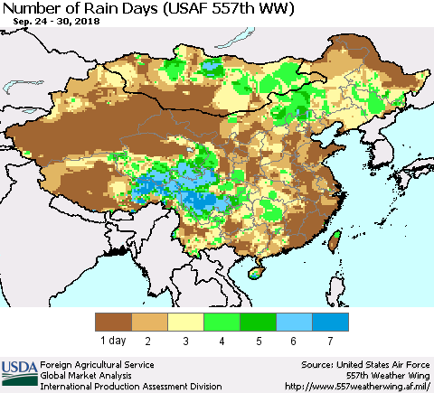 China and Taiwan Number of Rain Days (USAF 557th WW) Thematic Map For 9/24/2018 - 9/30/2018
