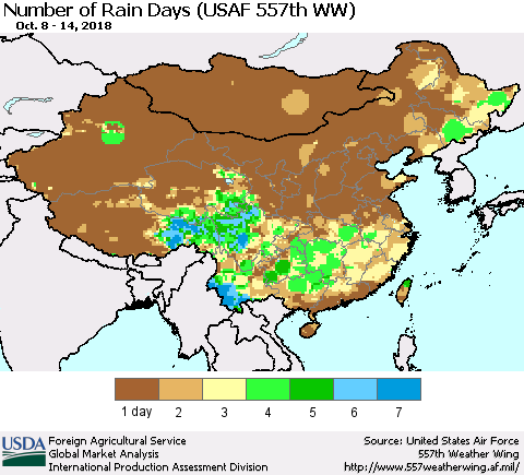 China and Taiwan Number of Rain Days (USAF 557th WW) Thematic Map For 10/8/2018 - 10/14/2018