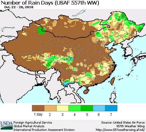 China and Taiwan Number of Rain Days (USAF 557th WW) Thematic Map For 10/22/2018 - 10/28/2018