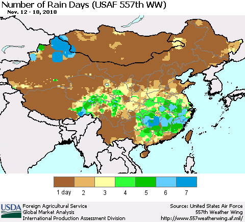 China and Taiwan Number of Rain Days (USAF 557th WW) Thematic Map For 11/12/2018 - 11/18/2018