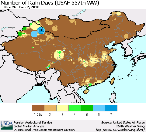 China and Taiwan Number of Rain Days (USAF 557th WW) Thematic Map For 11/26/2018 - 12/2/2018