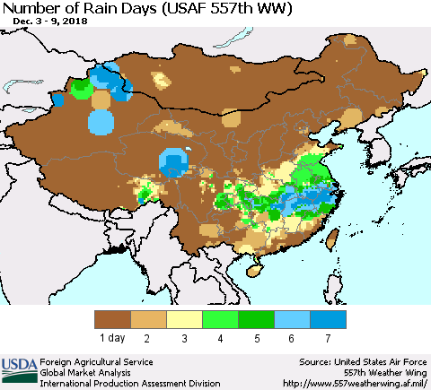 China and Taiwan Number of Rain Days (USAF 557th WW) Thematic Map For 12/3/2018 - 12/9/2018