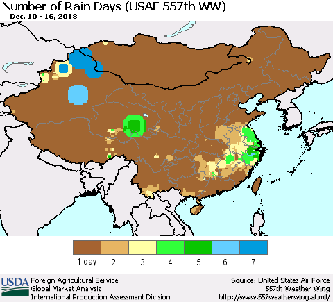 China and Taiwan Number of Rain Days (USAF 557th WW) Thematic Map For 12/10/2018 - 12/16/2018
