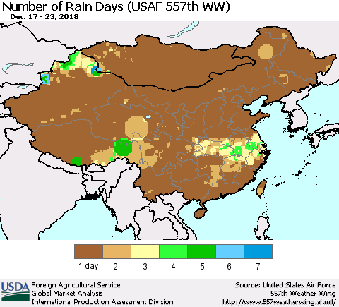 China and Taiwan Number of Rain Days (USAF 557th WW) Thematic Map For 12/17/2018 - 12/23/2018