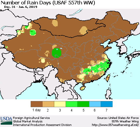 China and Taiwan Number of Rain Days (USAF 557th WW) Thematic Map For 12/31/2018 - 1/6/2019