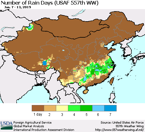 China and Taiwan Number of Rain Days (USAF 557th WW) Thematic Map For 1/7/2019 - 1/13/2019