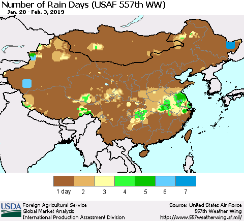 China and Taiwan Number of Rain Days (USAF 557th WW) Thematic Map For 1/28/2019 - 2/3/2019