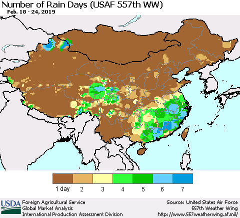 China and Taiwan Number of Rain Days (USAF 557th WW) Thematic Map For 2/18/2019 - 2/24/2019