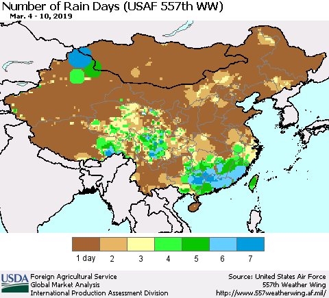 China and Taiwan Number of Rain Days (USAF 557th WW) Thematic Map For 3/4/2019 - 3/10/2019